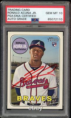 2018 Topps Heritage #580 Ronald Acuna Jr Rookie Red Ink PSA/DNA Auto GEM MINT 10
