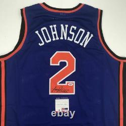 Autographed/Signed LARRY JOHNSON New York Blue Basketball Jersey PSA/DNA COA