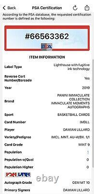 Damian Lillard 2019 Panini Immaculate Moments Auto White Box 1/1 PSA 9 DNA 10