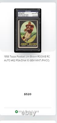 1958 Topps Jim Brown Rookie Card Rc #62 Autographié Psa 1.5 (dna Auto 9) Bbci