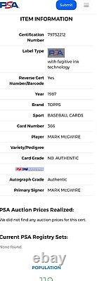 1987 Carte de baseball Topps Mark McGwire Rookie Signée PSA/DNA Auto Athletics #366