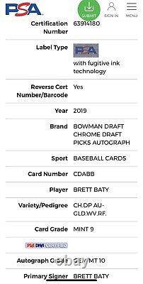 2019 Bowman Draft Brett Baty Gold Wave Refractor Auto #'d /50 Psa 9 Adn 10 Pop 1
