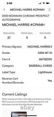 2020 1er Bowman Chrome Michael Harris Autographe #cpa-mh Psa/adn Dual 10 Grade