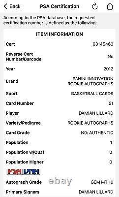 Damian Lillard 2012-13 Panini Innovation Rookie Rc Auto #51 Dna Psa 10