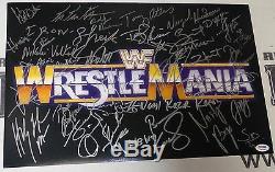 Hulk Hogan Shawn Michaels Bret Hart + Wwe Wrestlemania Signé Photo 12x18 Psa / Adn