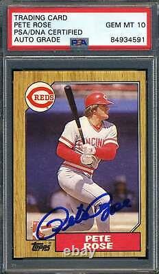 Pete Rose Gem Mint 10 PSA DNA Signed 1987 Topps Autograph translates to: 'Autographe signé Pete Rose Gem Mint 10 PSA DNA 1987 Topps' in French.